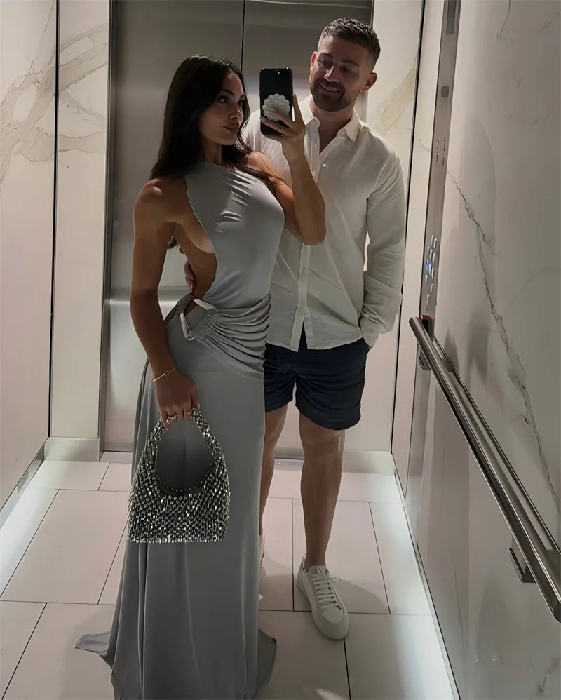 Mozision um ombro sem costas sexy maxi vestido feminino moda fivela de metal gola diagonal sem mangas drapeado clube vestido longo