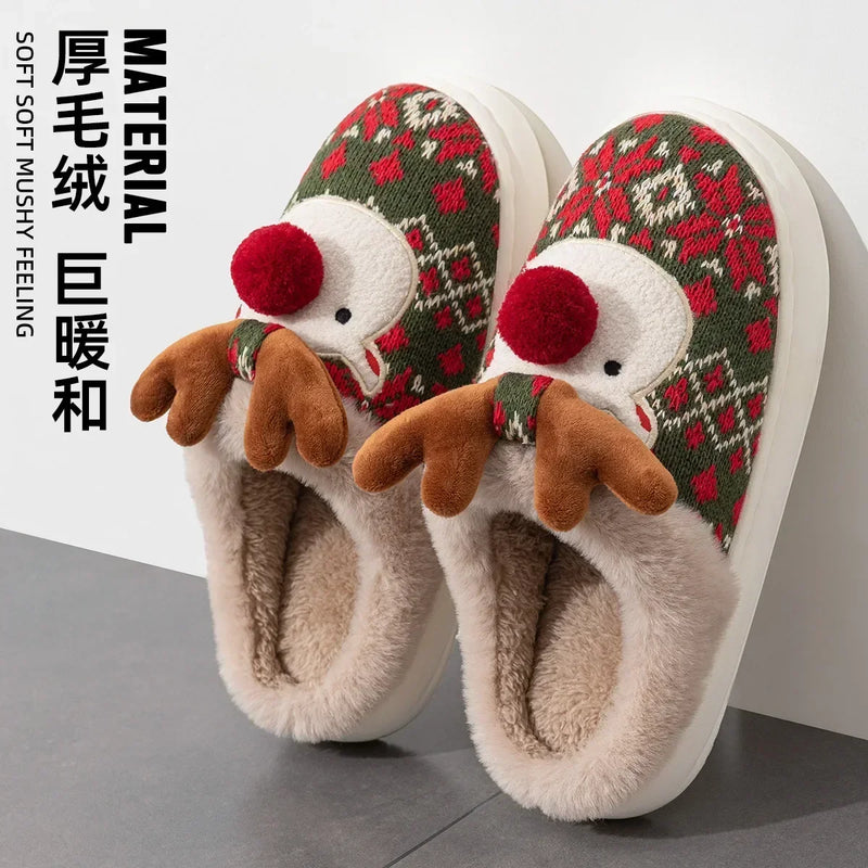 Inverno novo natal chinelos de algodão para mulher bonito dos desenhos animados cervos antiderrapante meninas interior casa sapatos moda festa slides