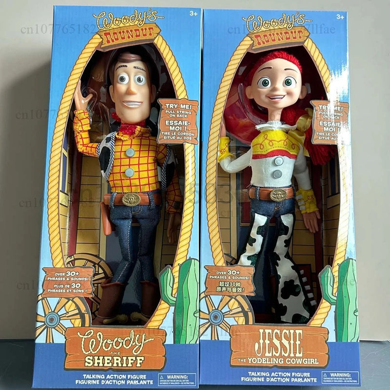 História 3 4 falando woody jessie figuras de ação panos reais corpo boneca cantar macio figura de ação modelo brinquedos voz boneca mesa ornamento