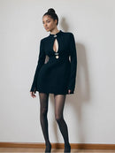 Preto oco para fora mini vestido feminino sexy manga longa bodycon cintura cinching vestidos 2025 chique outono senhora do escritório comute robes