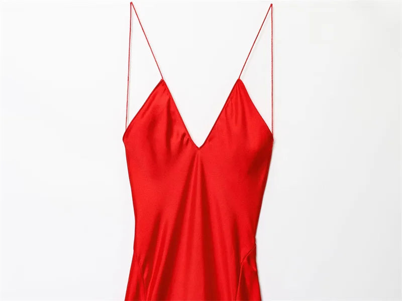 2025 novo vestido feminino verão suspensórios vermelhos seda cetim textura maxi vestido sexy aberto volta design elegante e elegante praia