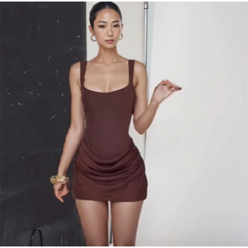 Mulheres decote em v halter sem costas mini vestido moda sem mangas cintura alta bodycon vestidos 2025 novo verão senhora festa férias robes
