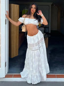 Conjunto de saia de renda vestido de verão feminino praia férias sexy algodão conjunto combinando roupas primavera branco 2 peças vestidos feminino conjunto 2025