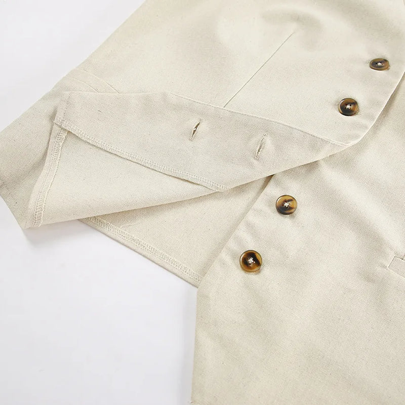 Retro Algodão Linho Treino Mulheres Two Piece Set Chic Button Vest Colete + Short Sets Ensemble Femme 2 Peças