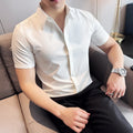 2025 camisa de manga curta elástica fina de verão de alta qualidade para negócios masculinos e roupas casuais, carcela de botão oculto M-4XL