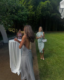 Mozision um ombro sem costas sexy maxi vestido feminino moda fivela de metal gola diagonal sem mangas drapeado clube vestido longo