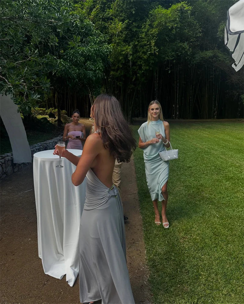 Mozision um ombro sem costas sexy maxi vestido feminino moda fivela de metal gola diagonal sem mangas drapeado clube vestido longo