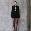 Preto oco para fora mini vestido feminino sexy manga longa bodycon cintura cinching vestidos 2025 chique outono senhora do escritório comute robes