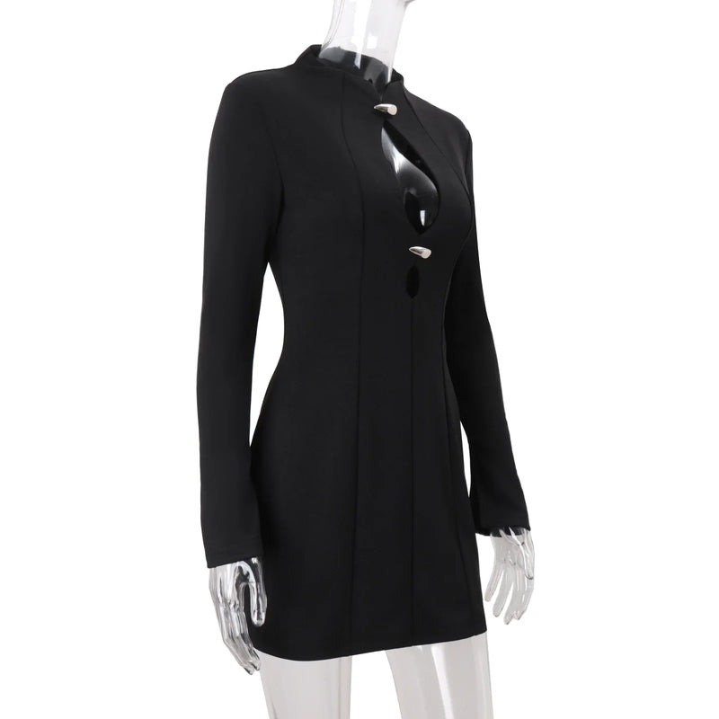 Preto oco para fora mini vestido feminino sexy manga longa bodycon cintura cinching vestidos 2025 chique outono senhora do escritório comute robes