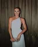 Mozision um ombro sem costas sexy maxi vestido feminino moda fivela de metal gola diagonal sem mangas drapeado clube vestido longo