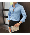 Alta qualidade outono masculino nova manga longa listrado escuro magro-ajuste camisa de negócios casual formal