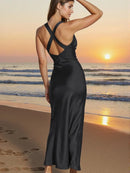 Vestido de cetim de seda para mulheres, costas nuas, sexy, maxi, longo, vestidos de noite, elegante, festa de aniversário, decote em v, robe para convidados de casamento, senhoras