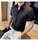 2025 camisa de manga curta elástica fina de verão de alta qualidade para negócios masculinos e roupas casuais, carcela de botão oculto M-4XL