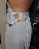 Mozision um ombro sem costas sexy maxi vestido feminino moda fivela de metal gola diagonal sem mangas drapeado clube vestido longo