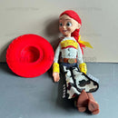 História 3 4 falando woody jessie figuras de ação panos reais corpo boneca cantar macio figura de ação modelo brinquedos voz boneca mesa ornamento