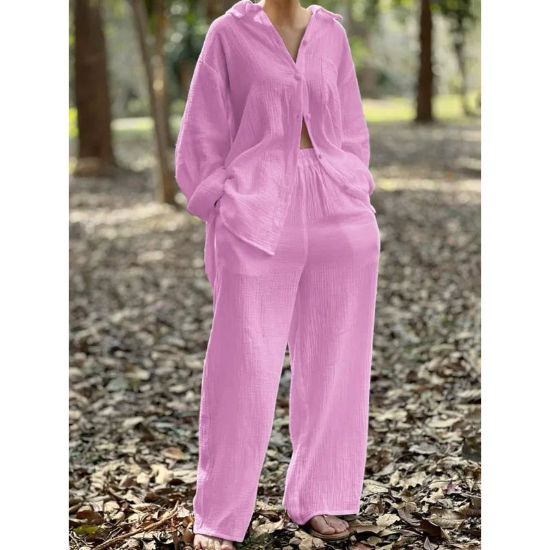 Novo cardigan casual feminino mangas compridas calças pura multi-cor camisa feminina calças de cintura alta conjunto de duas peças