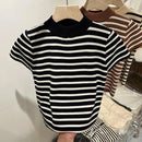 Meia gola alta pulôver listrado camisola fino ajuste camisa superior feminina início da primavera e outono manga curta camisa de fundo