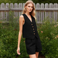 Retro Algodão Linho Treino Mulheres Two Piece Set Chic Button Vest Colete + Short Sets Ensemble Femme 2 Peças