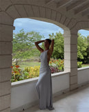 Mozision um ombro sem costas sexy maxi vestido feminino moda fivela de metal gola diagonal sem mangas drapeado clube vestido longo