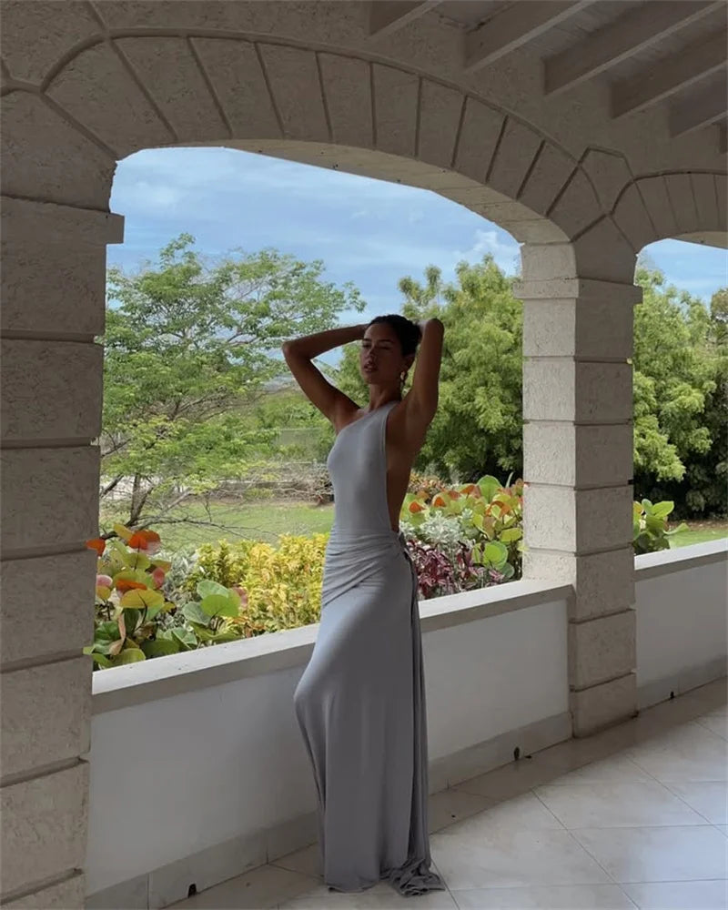 Mozision um ombro sem costas sexy maxi vestido feminino moda fivela de metal gola diagonal sem mangas drapeado clube vestido longo