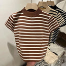 Meia gola alta pulôver listrado camisola fino ajuste camisa superior feminina início da primavera e outono manga curta camisa de fundo