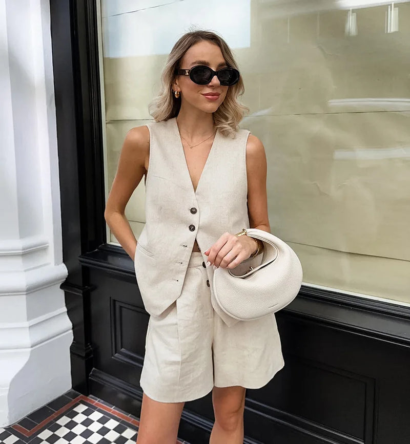 Retro Algodão Linho Treino Mulheres Two Piece Set Chic Button Vest Colete + Short Sets Ensemble Femme 2 Peças