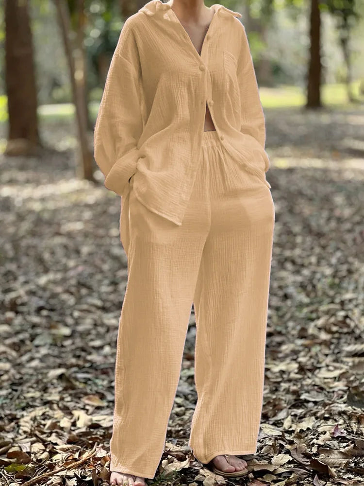 Novo cardigan casual feminino mangas compridas calças pura multi-cor camisa feminina calças de cintura alta conjunto de duas peças