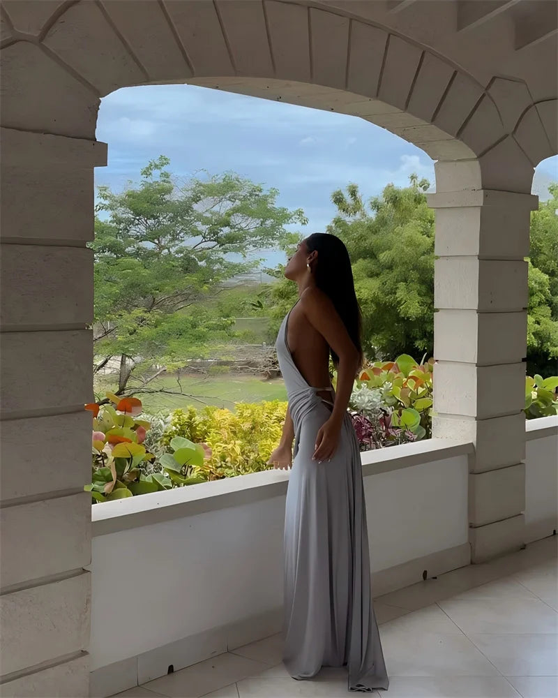 Mozision um ombro sem costas sexy maxi vestido feminino moda fivela de metal gola diagonal sem mangas drapeado clube vestido longo