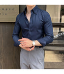 Alta qualidade outono masculino nova manga longa listrado escuro magro-ajuste camisa de negócios casual formal