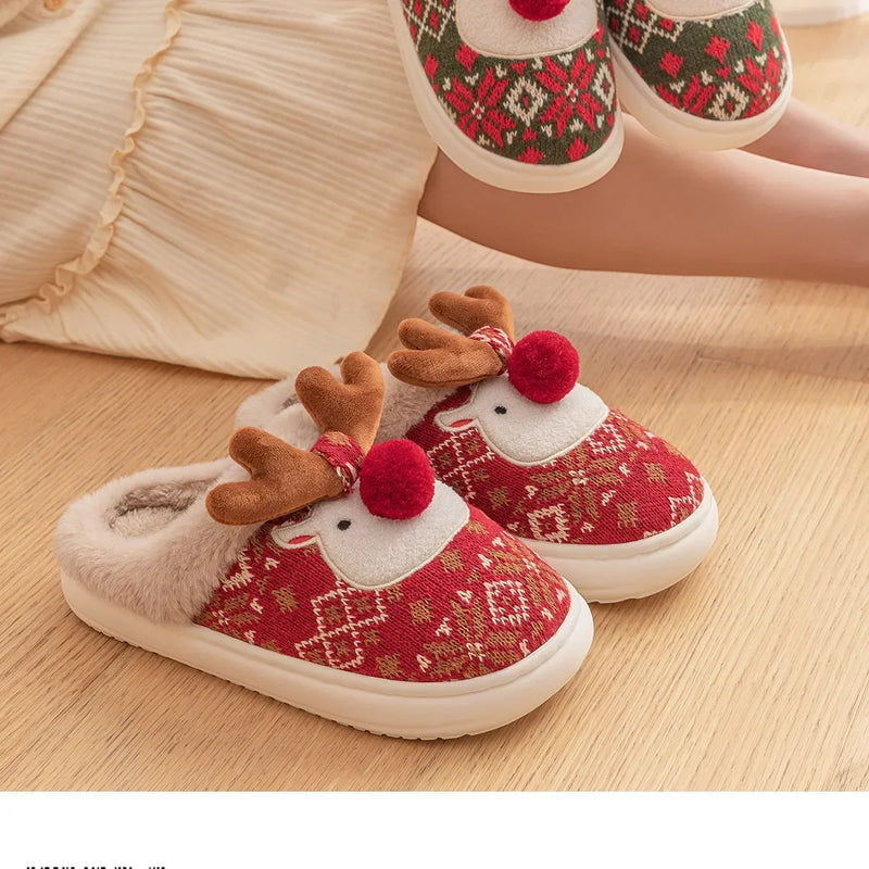 Inverno novo natal chinelos de algodão para mulher bonito dos desenhos animados cervos antiderrapante meninas interior casa sapatos moda festa slides